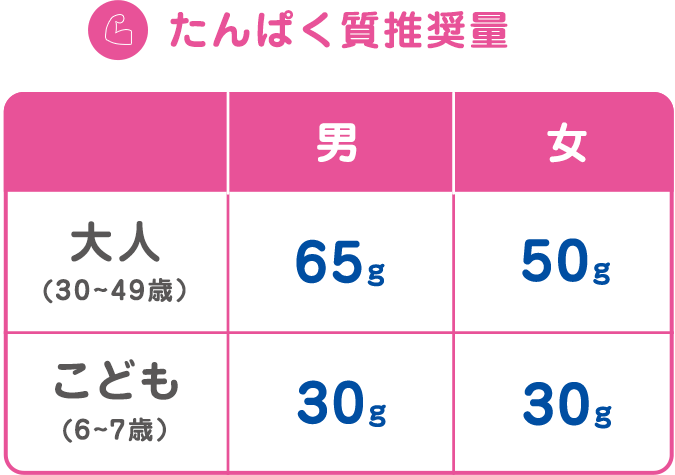 たんぱく質推奨量　男　大人(30~49歳）　65g　こども　(6~7歳）　30g　女　大人(30~49歳）　50g　こども　(6~7歳）　30g